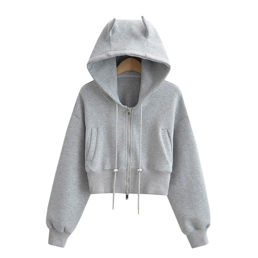 Gray zippered hoodie with devil horns