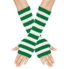 Green and white striped arm warmers on a person's arms with a white background