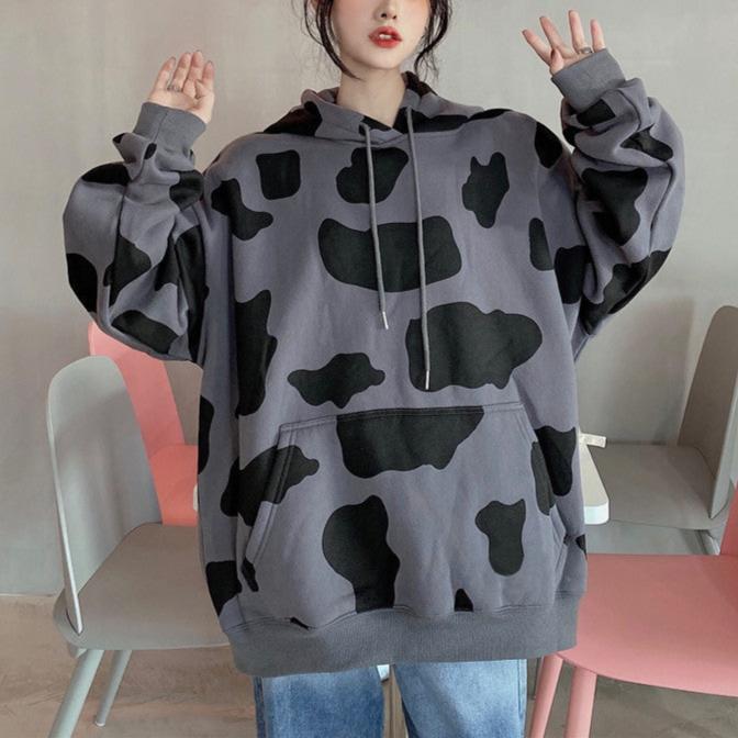 Grey and black oversize cow print hoodie