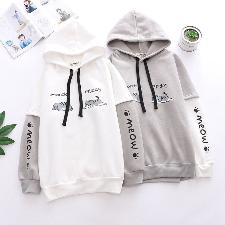 White And Grey Kawaii Cat Hoodie - Femboy Fashion