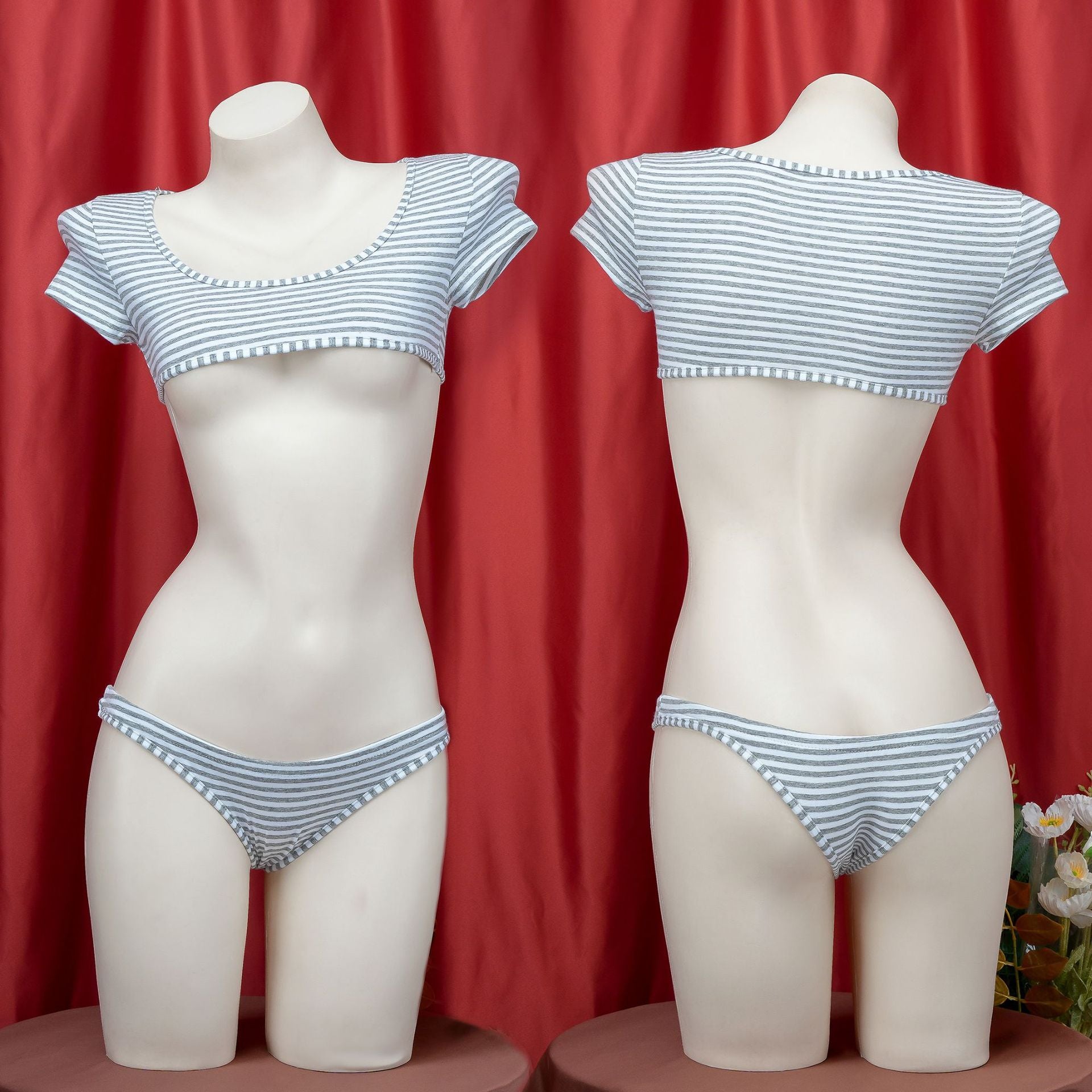 Grey and White Stripe Crop Top Lingerie Set - Femboy Fashion