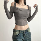 Grey Off Shoulder Long Sleeve Top - Femboy Fashion