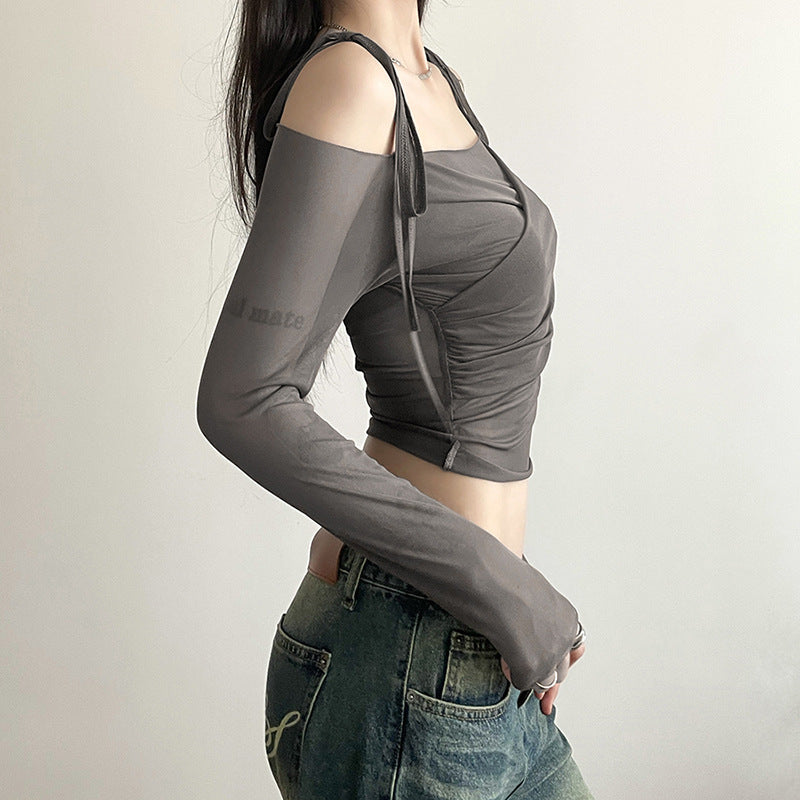 Grey Off Shoulder Long Sleeve Top - Femboy Fashion