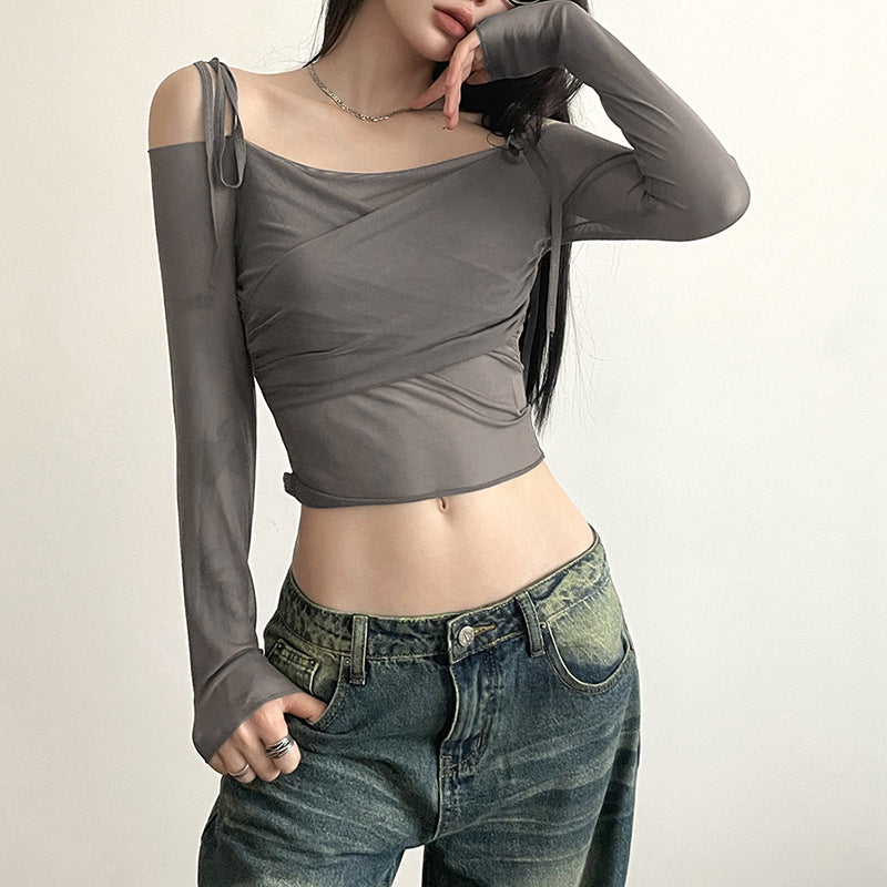 Grey Off Shoulder Long Sleeve Top - Femboy Fashion