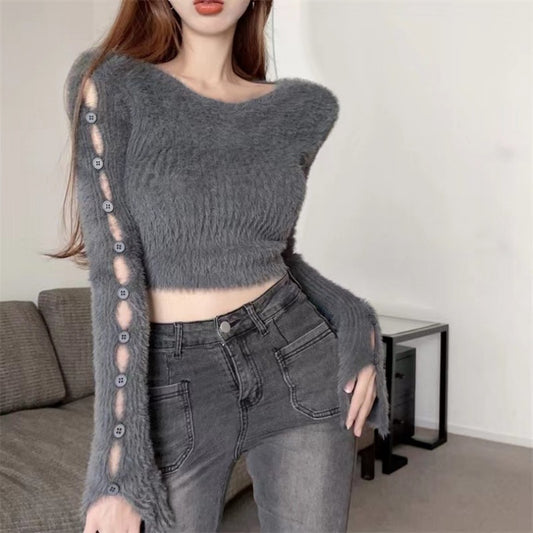 Grey solid cropped crew neck sweater