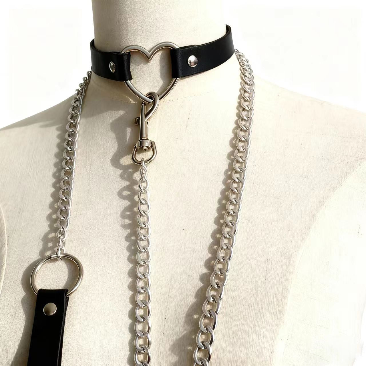 Black leather heart collar with chain set
