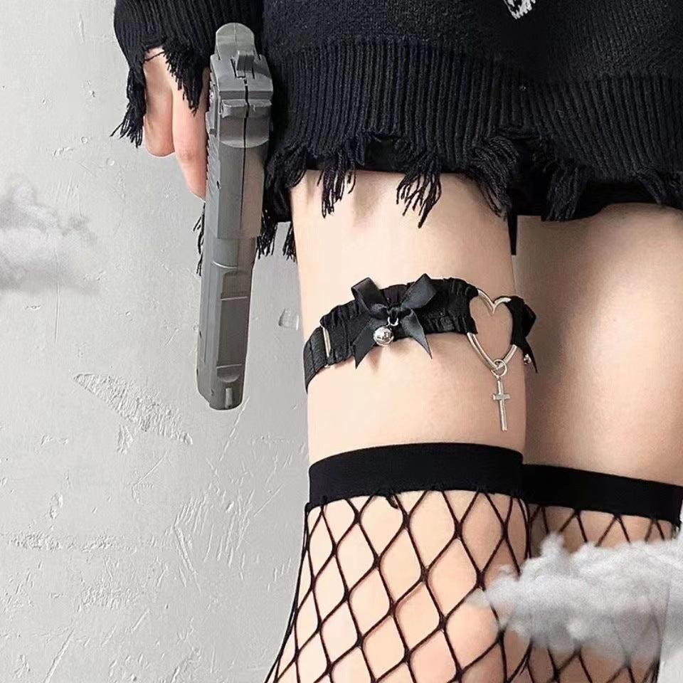 Sexy Black Heart And Cross Lace Thigh Garter - Femboy Fashion