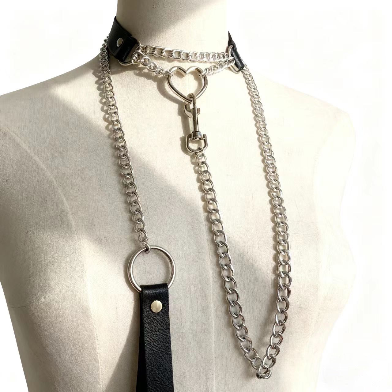 Black leather heart chain collar with chain set