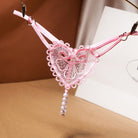 Heart pink lace g string thong with pearls