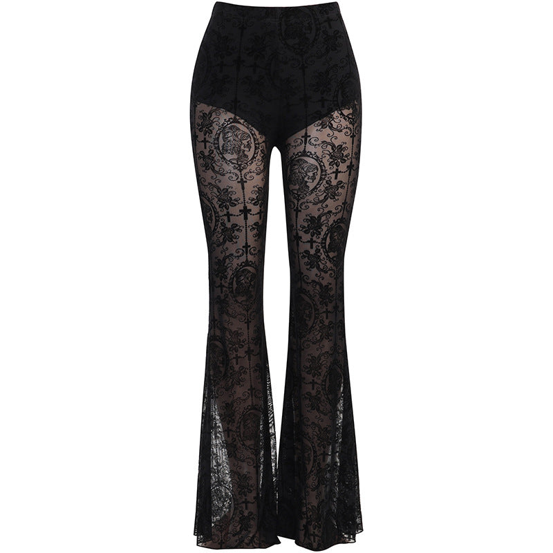 High Waist Goth Black See Through Flare Pants - Femboy Fashion