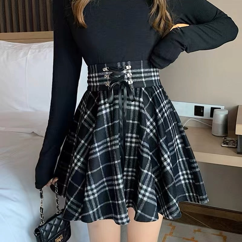 High waisted black and white plaid skirt for femboy