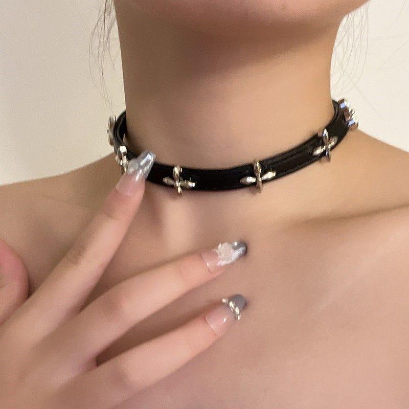 Black Leather Cross Choker - Femboy Fashion