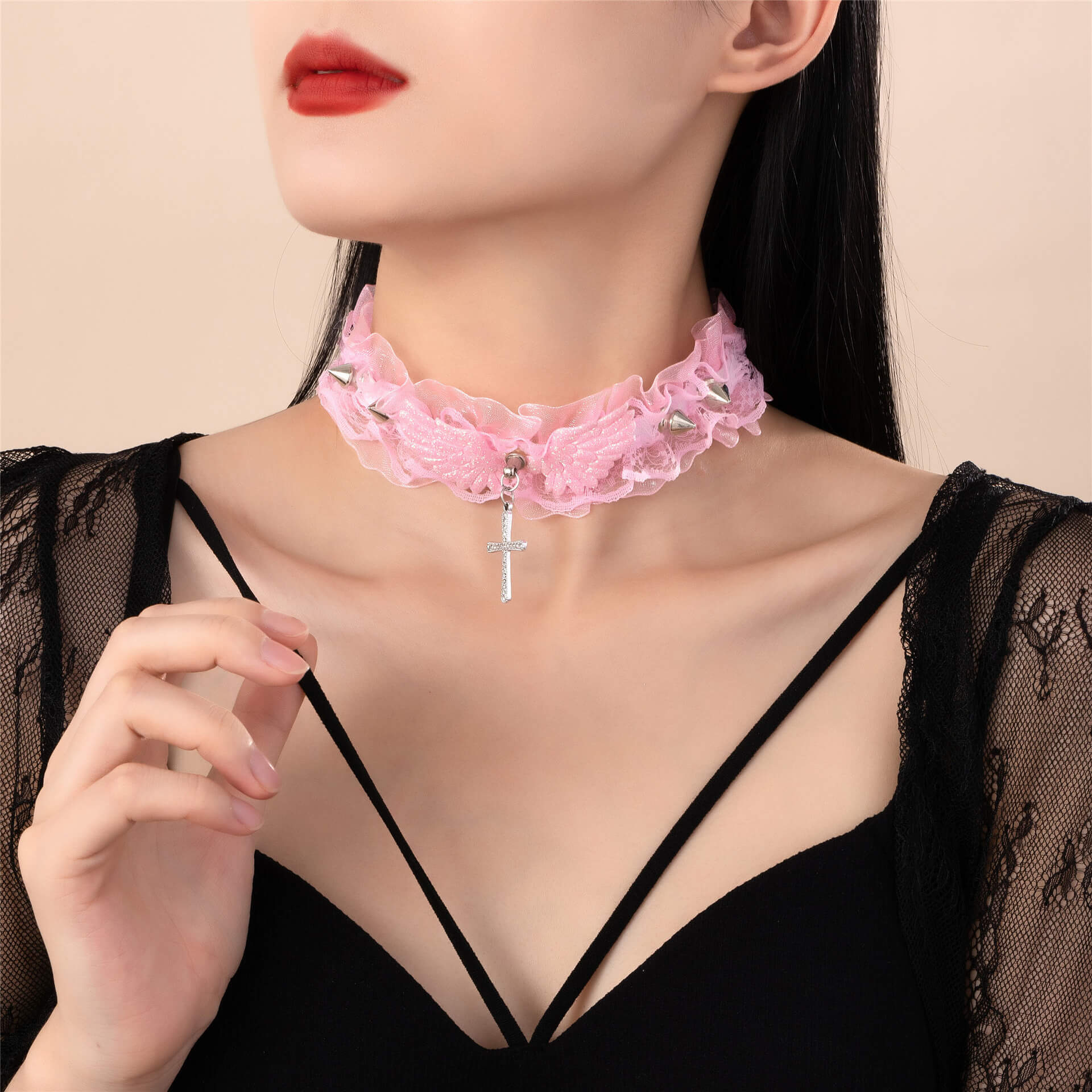 Pink Choker Necklace With A Cross - Femboy Fashion