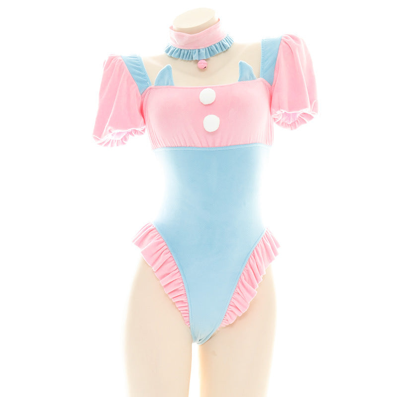 Kawaii Blue And Pink Velvet Bodusuit Lingerie - Femboy Fashion