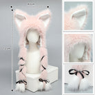 Pink fluffy fox hat with measurements on a gray background