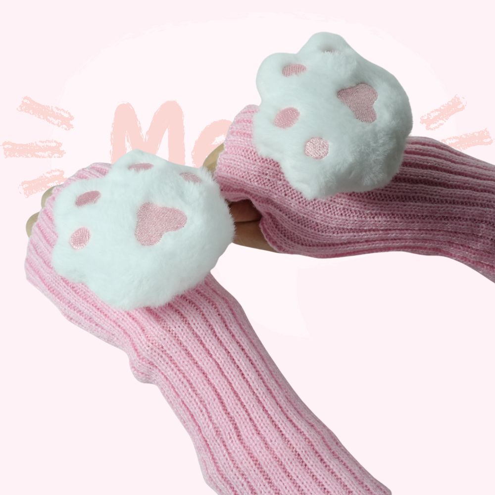 pink cat paw plushie arm warmer details