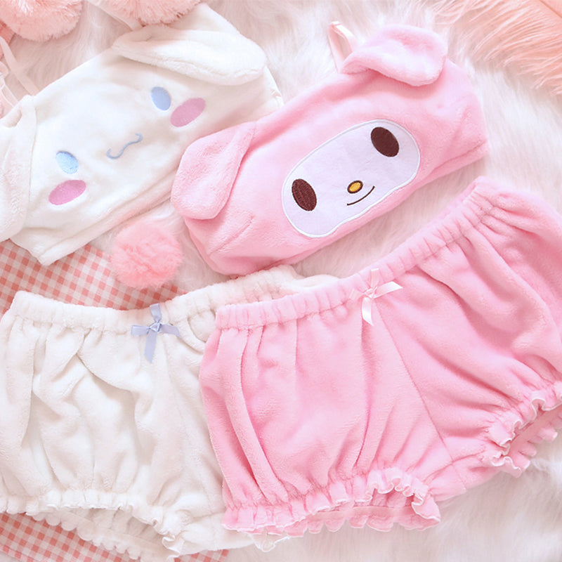 Pink and White Kawaii Velvet Top and Shorts Lingerie Sets - Femboy Fashion