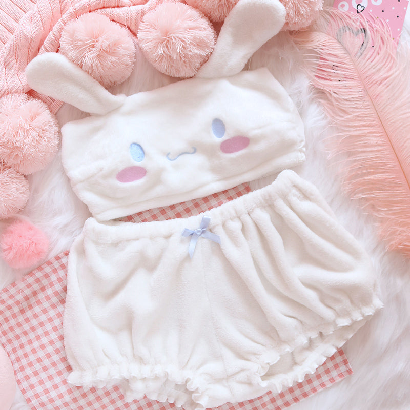 White Kawaii Velvet Top and Shorts Lingerie Set - Femboy Fashion