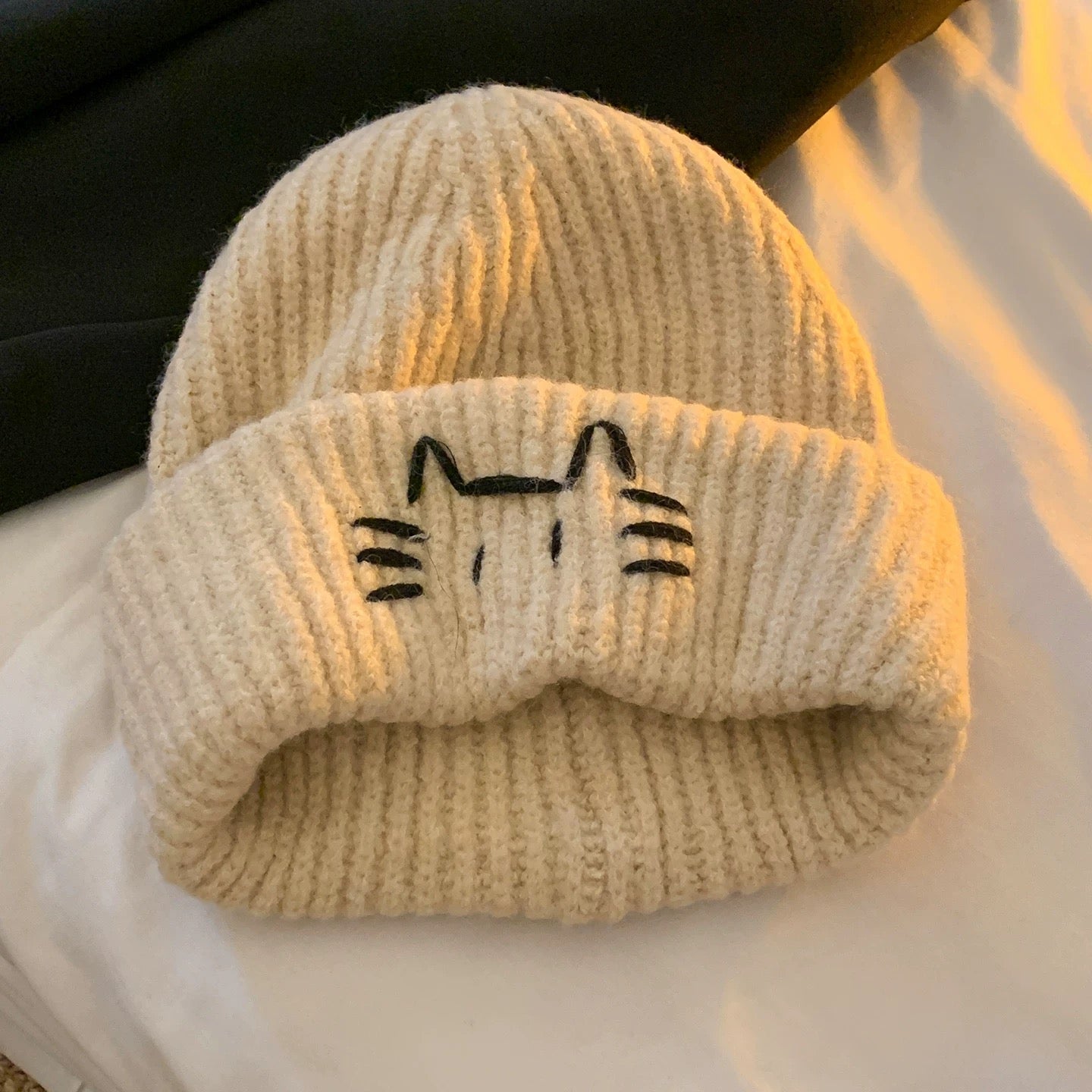 Khaki cute cat knit roll up hat