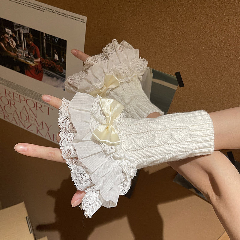 Lace Bow Knit Fingerless Gloves White - Femboy Fashion