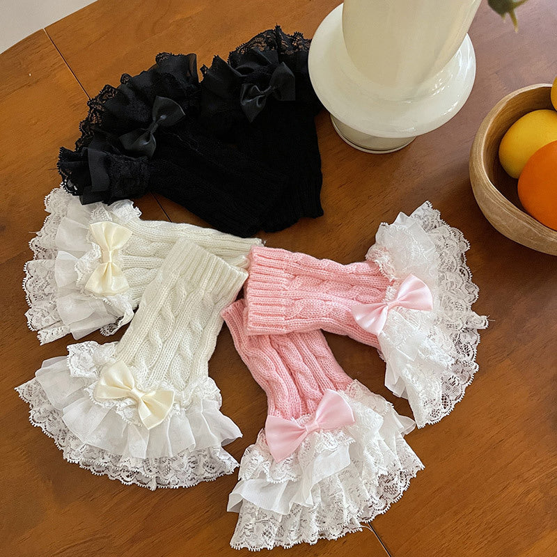 Lace Bow Knit Fingerless Gloves - Femboy Fashion