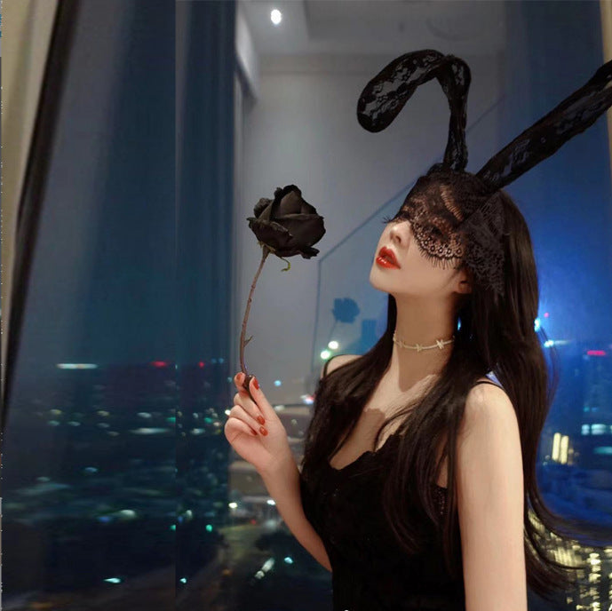 Femboy Wear a Sexy Black Lace Bunny Ear Headband - Femboy Fashion