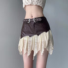 Dark Brown Leather Lace Irregular Skirt - Femboy Fashion