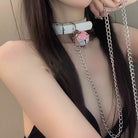 Leather Bell Choker With Chain White - Femboy Fashion