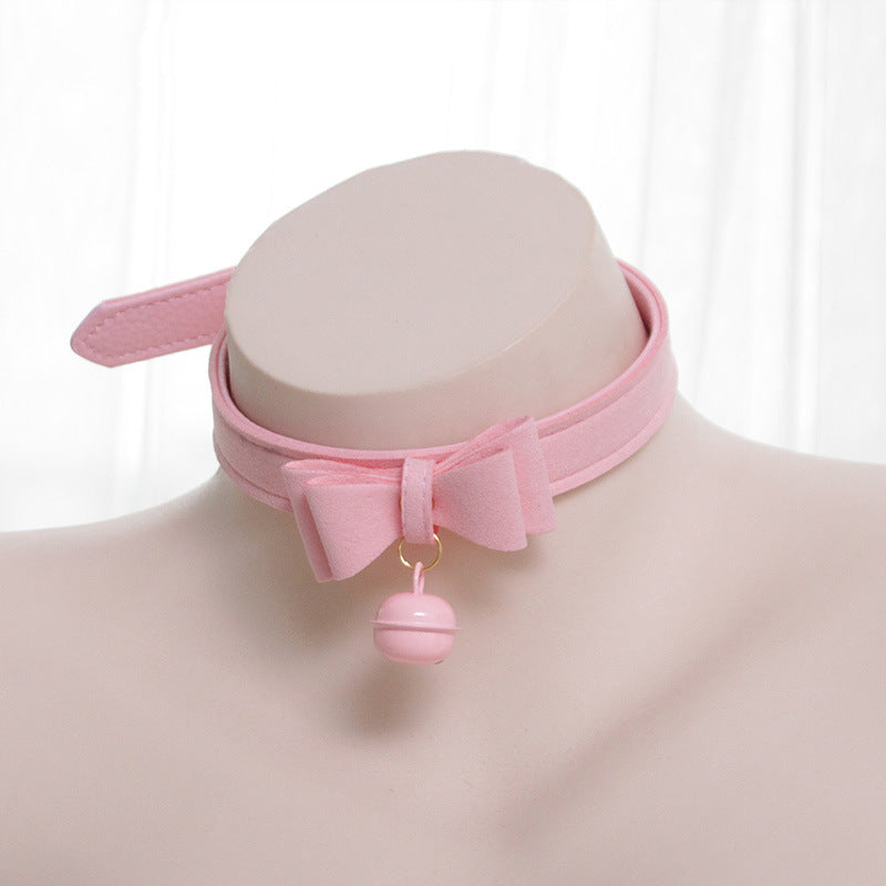 Pink Leather Bow Choker With Bell - Femboy Fashion