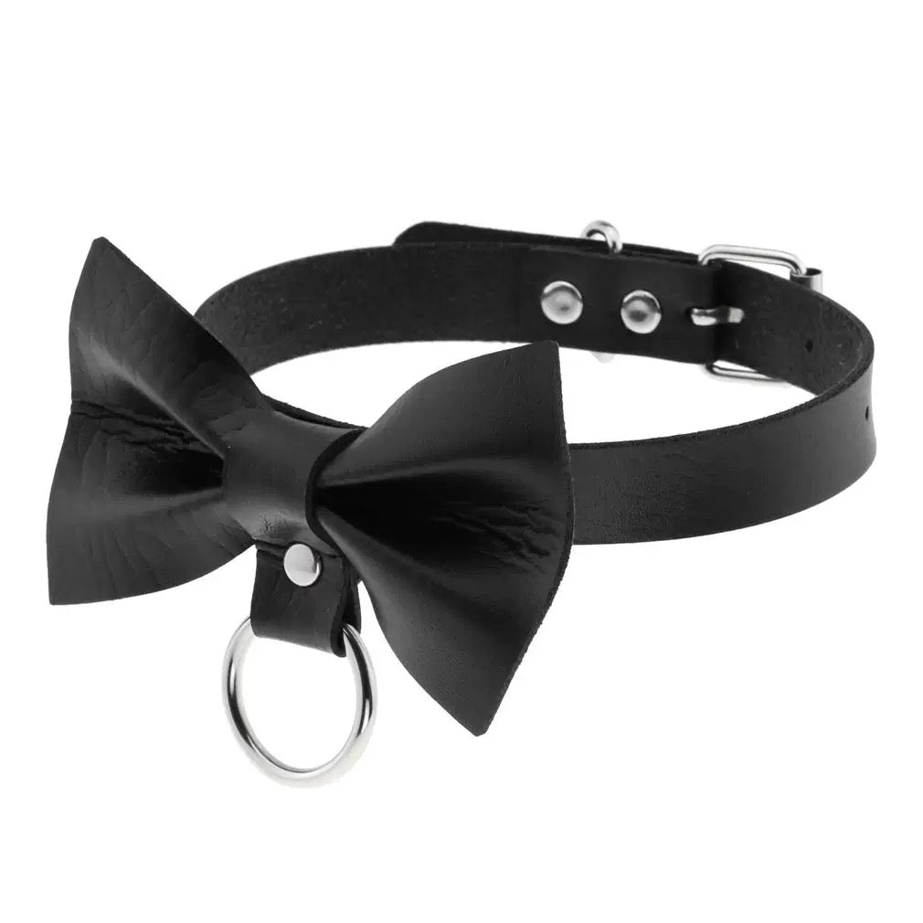 Black leather choker with big bow