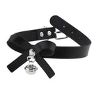 Black leather choker with silver hardware and a bell on a white background