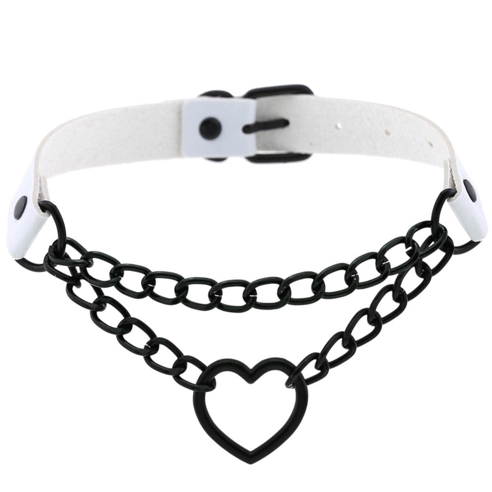 White leather choker with heart chain