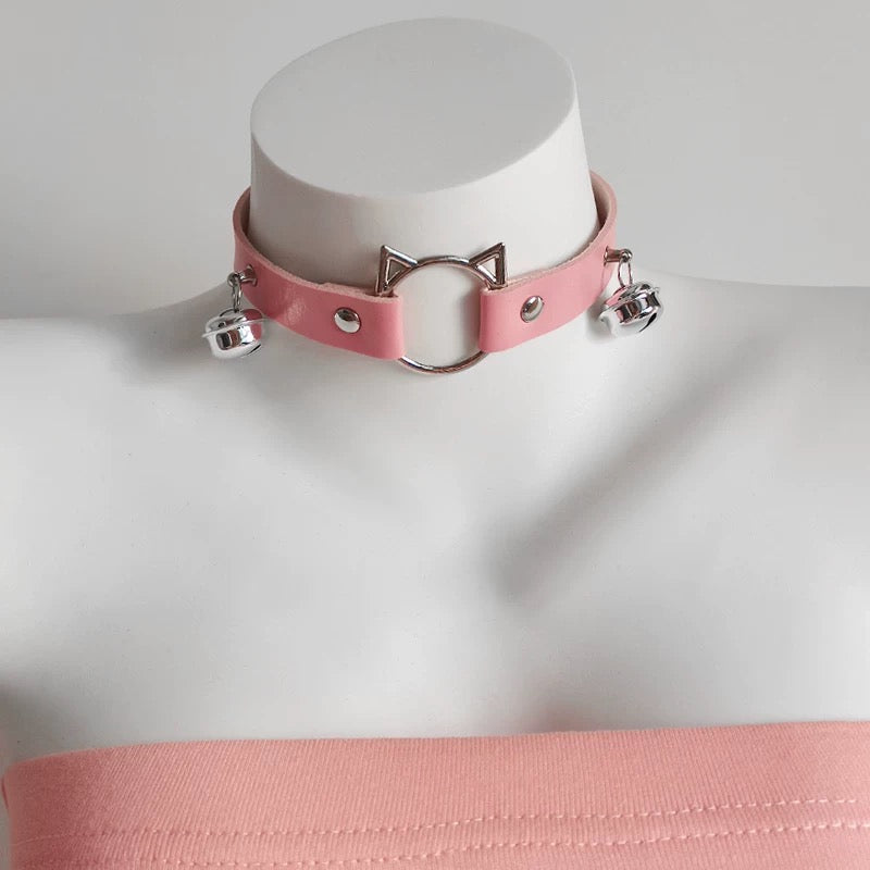 Pink Leather Kitty Choker With Bells