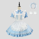 Light blue and white maid costume with apron and headband on a mannequin against a light gray background.