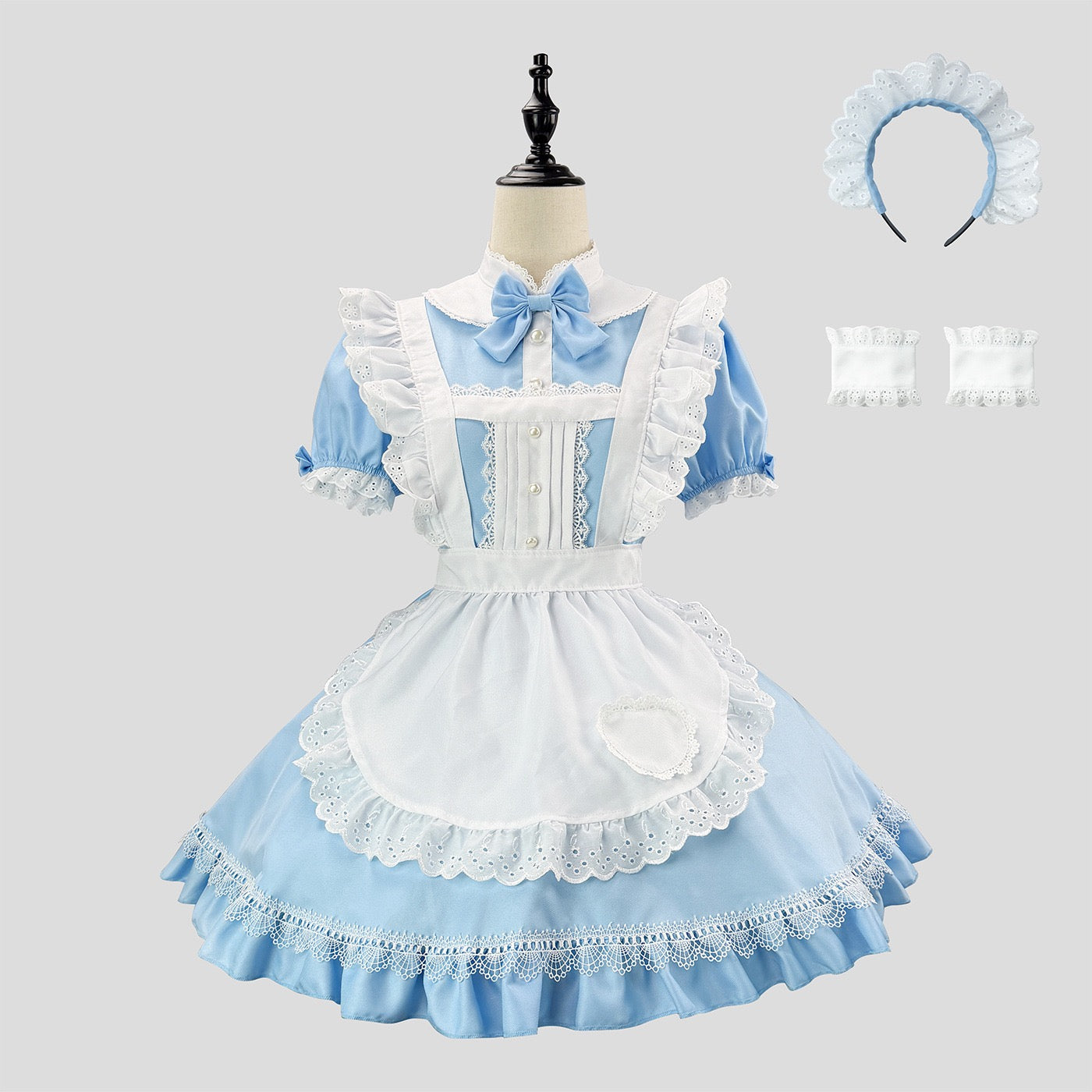 Light blue and white maid costume with apron and headband on a mannequin against a light gray background.