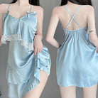 Light Blue Sexy Lace Trim Backless Nightgown Front and Back - Femboy Fashion