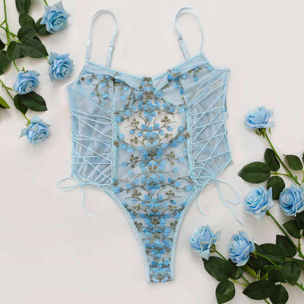 Light Blue Sexy Lace Floral Teddy Lingerie - Femboy Fashion