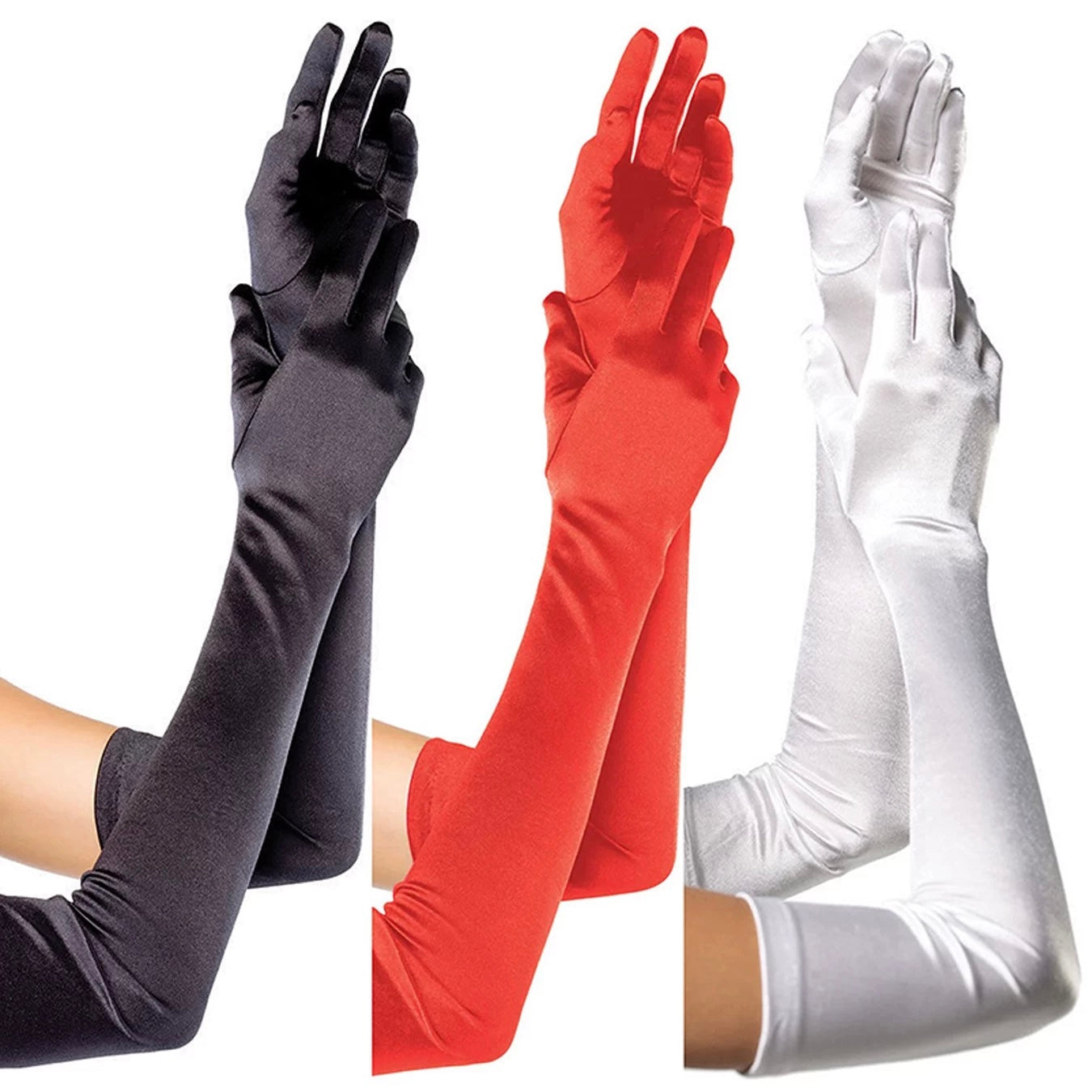 Black Red White Long Satin Gloves