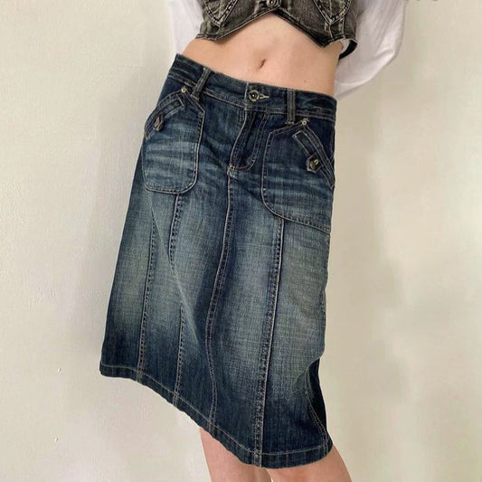 Low Rise Midi Denim Skirt - Femboy Fashion
