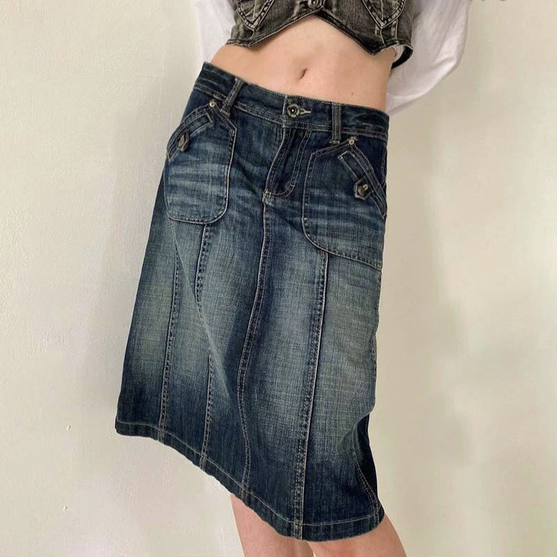 Low Rise Midi Denim Skirt - Femboy Fashion