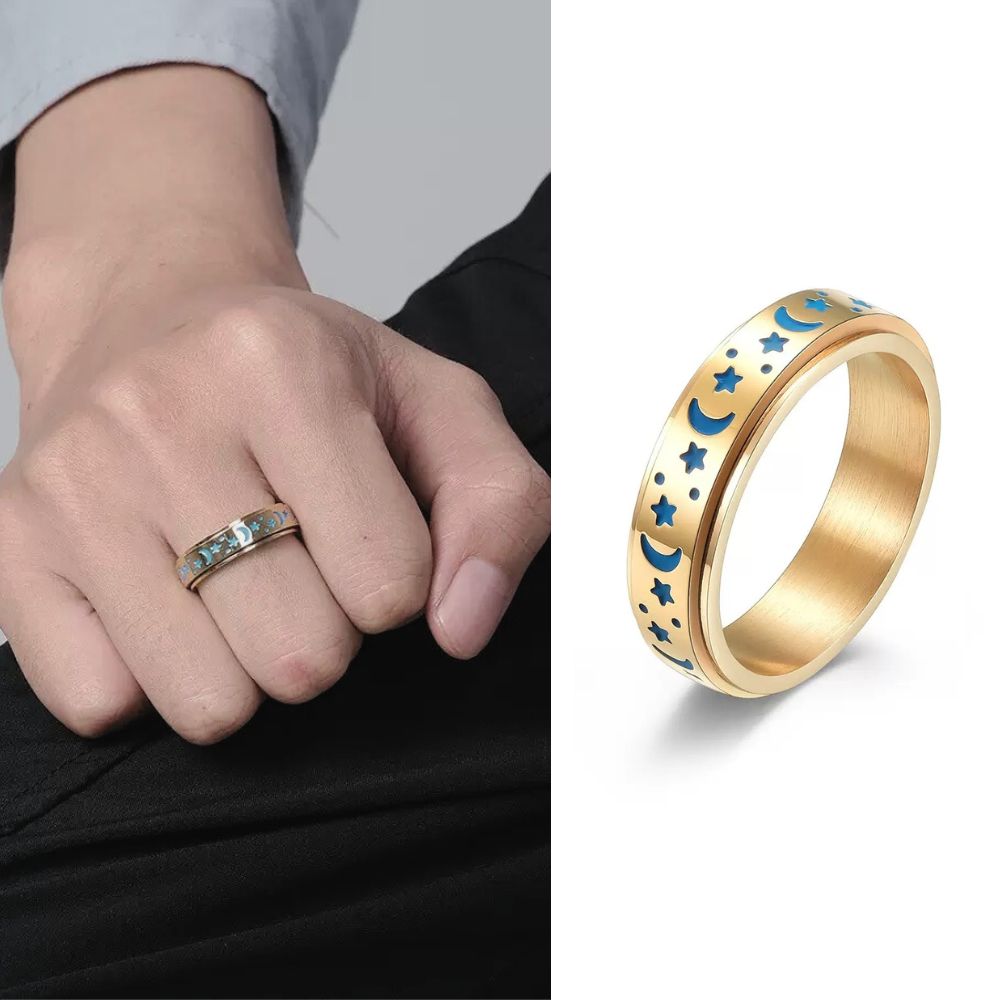 Gold ring with star and moon design worn on a finger, next to a close-up of the ring.
