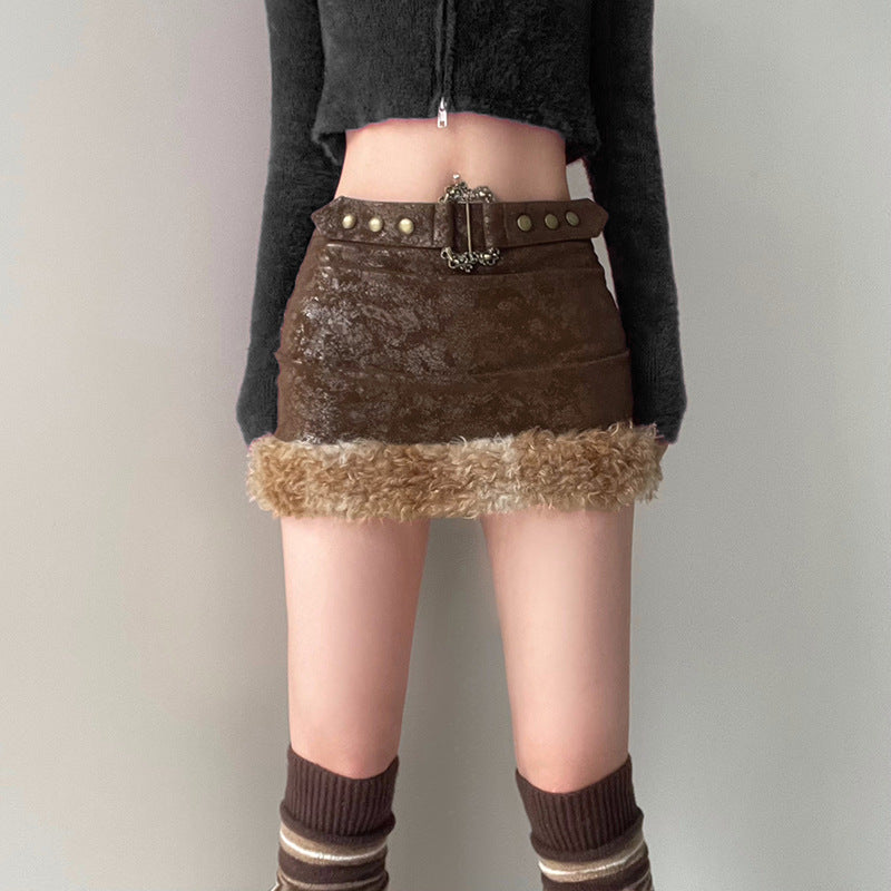 Mini Brown Leather Fur Skirt - Femboy Fashion