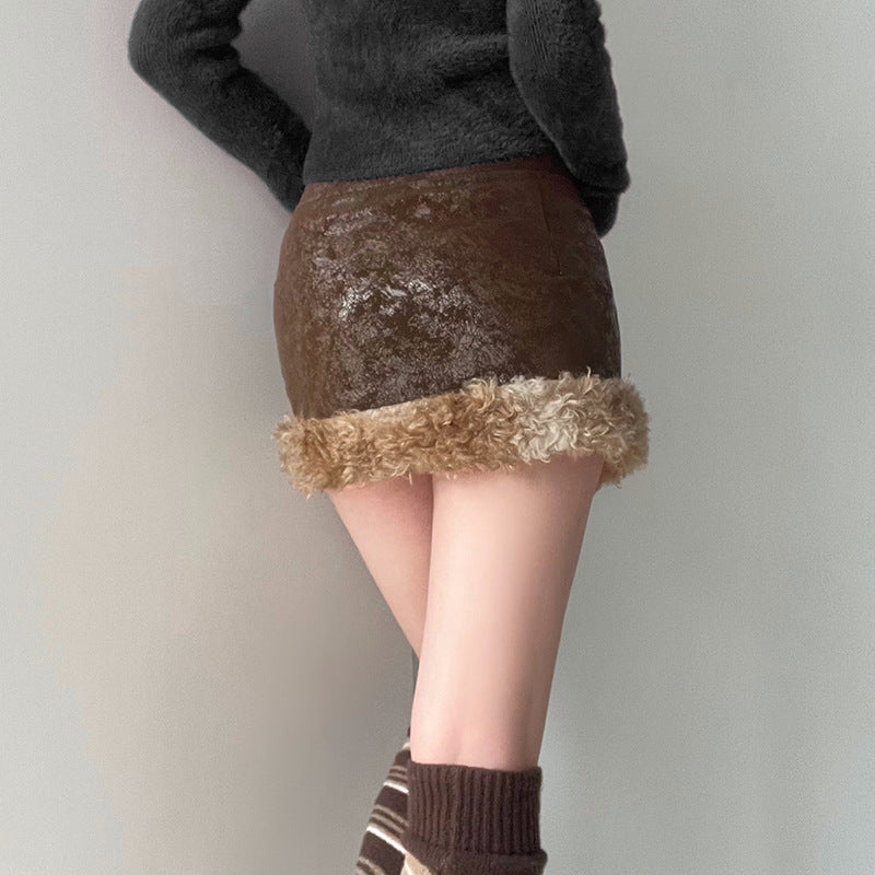 Mini Brown Leather Fur Skirt - Femboy Fashion