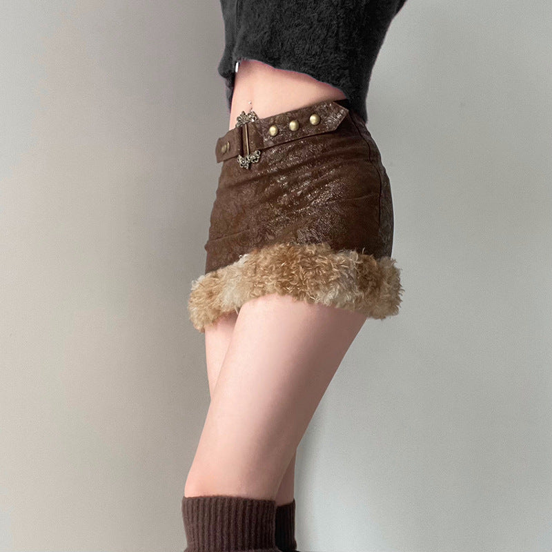 Mini Brown Leather Fur Skirt - Femboy Fashion