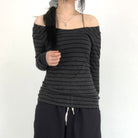 Femboy In Black And Dark Gray Off Shoulder Striped T-Shirt Long Sleeve - Femboy Fashion