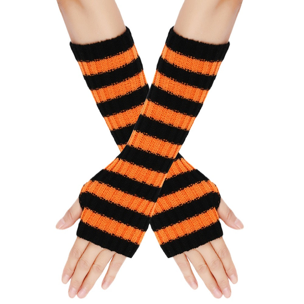Orange and black striped fingerless gloves on a white background