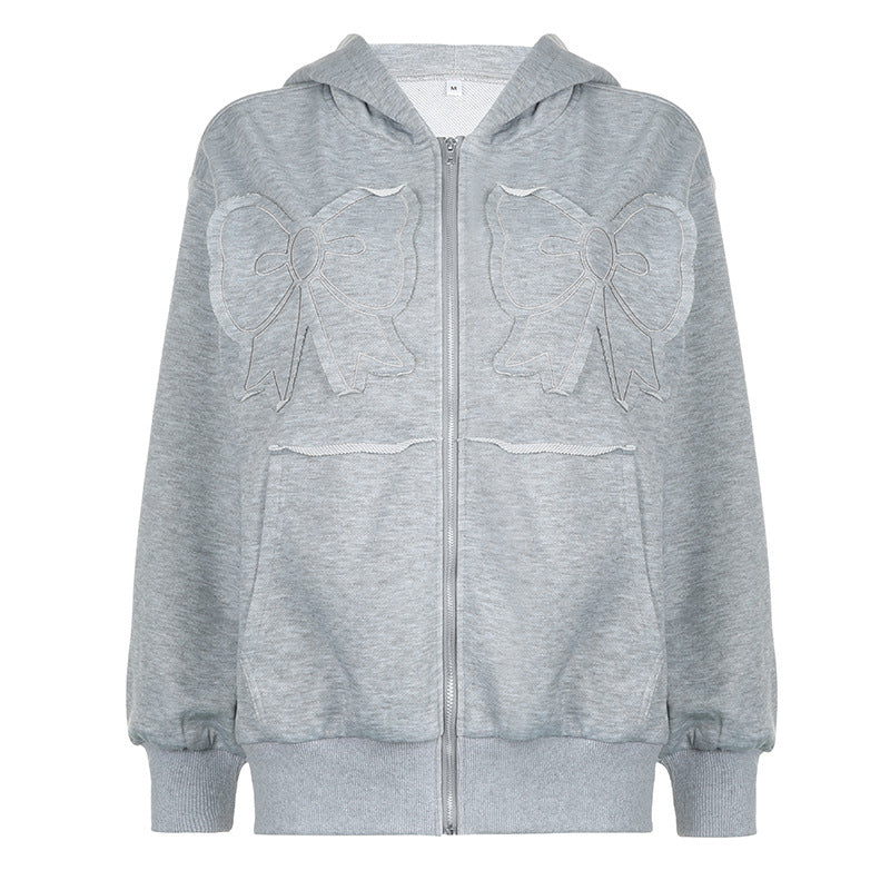 Oversized Grey Zip Up Bow Hoodie - Femboy Fashion