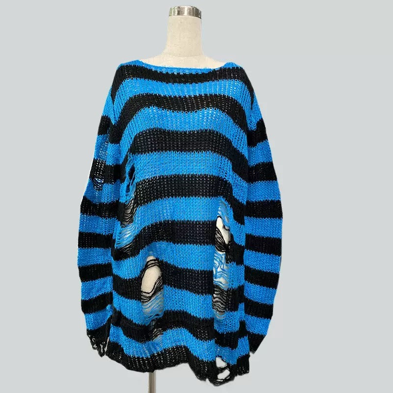 Blue and black oversized striped distressed ripped sweater