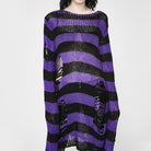 Purple and black oversized striped distressed ripped sweater
