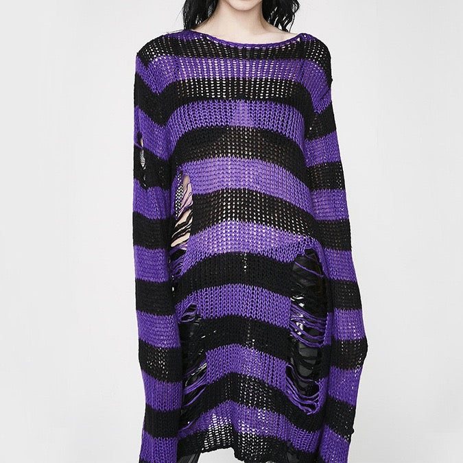 Purple and black oversized striped distressed ripped sweater